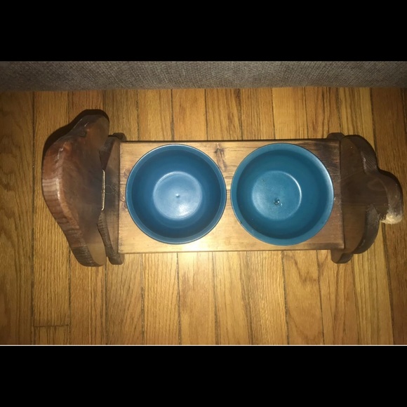 Handmade Wooden Painted Dog Feeder Dish Pet Canopy Two Bowl Holder Unique OOAK - Picture 3 of 7